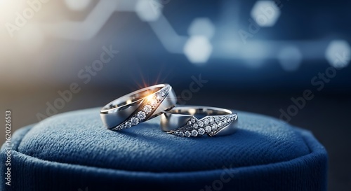 Elegant Silver Wedding Rings with Diamonds Resting on Blue Velvet Jewelry Box