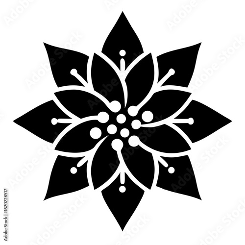 Black and white illustration of a stylized flower with pointed petals