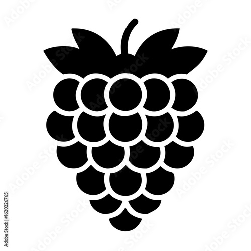 Stylized graphic representation of a blackberry with leaves and stem in black