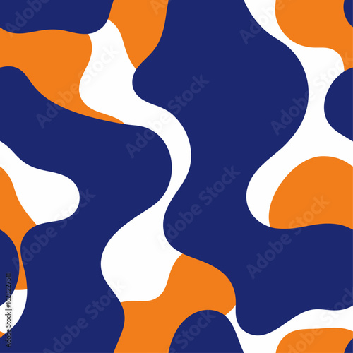 
This bold, abstract seamless pattern features organic, flowing shapes in a modern color palette of navy blue, white, and orange, perfect for contemporary design.