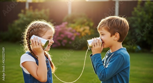 Two happy children talking through tin can telephones in a sunny garden