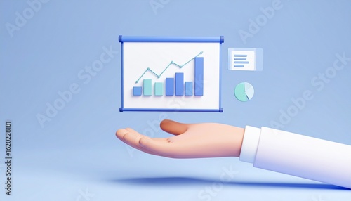 3D slide presentation icon with mini screens and graph elements floating above a hand