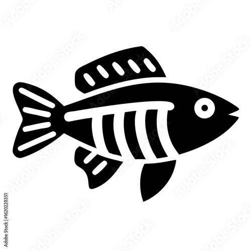 Stylized black and white drawing of a fish swimming to the right