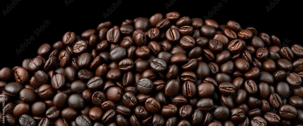 Fototapeta premium Close-up of dark roasted coffee beans against a black backdrop; ample copy space, detail, organic