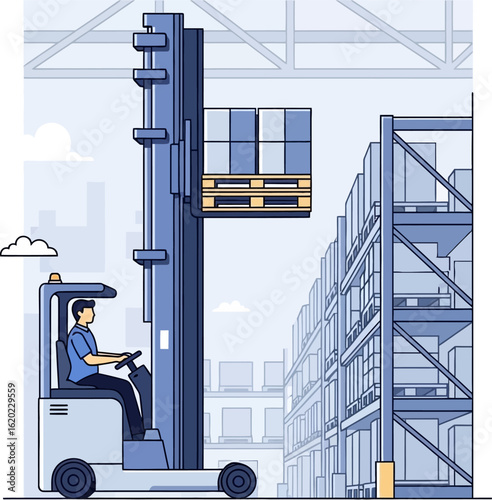 Warehouse worker operating forklift, lifting pallet of boxes to high storage racks.