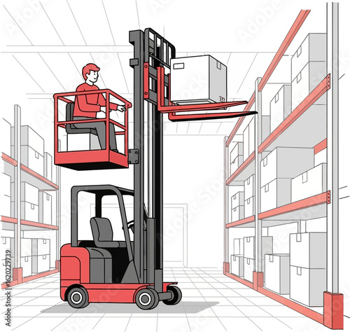 A warehouse worker operating a forklift to place a box on a shelf.