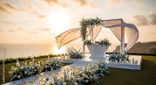 Elegant Wedding Altar Setup with White Flowers and Draped Canopy at Sunset