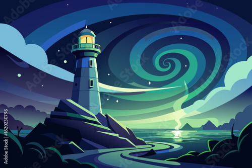 Haunted Lighthouse with a Swirling Beam of Ghosts