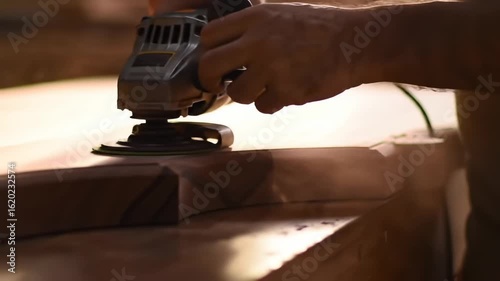 Woodworker using a grinder on a piece of wood
