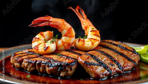 Grilled shrimp and steak, surf and turf style, barbecue, cuisine