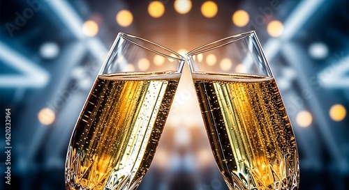 Two Champagne Flutes Clinking in Celebration with Sparkling Bubbles and Modern Party Background