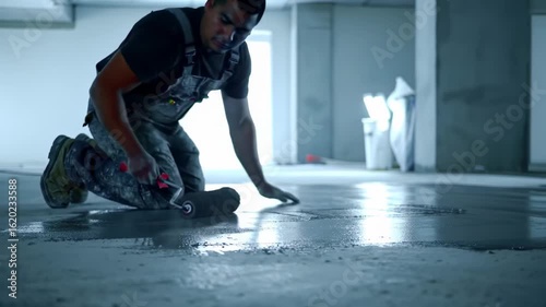 Worker smoothing concrete floor