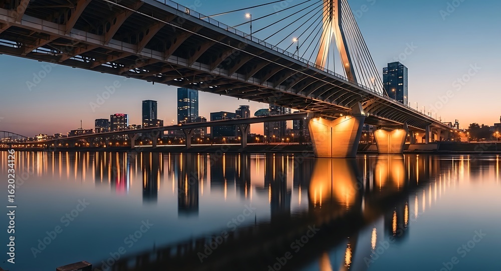 Fototapeta premium Modern Bridge and Cityscape at Dusk
