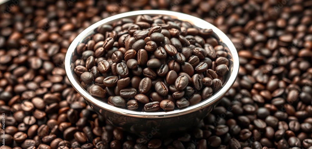 Fototapeta premium Silver bowl overflowing with dark roasted coffee beans, nestled on a bed of beans, macro, coffee bowl
