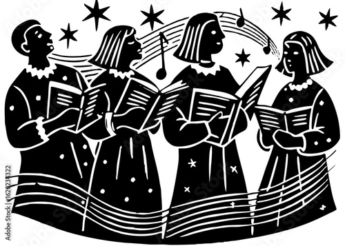 People Singing Christmas Carols – Linocut Vector with Music Notes