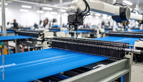 Robotic Arm Operating Textile Machine On Blue Fabric
