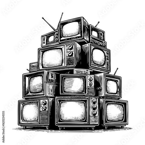 Stack of antique television sketch engraving black and white outline. Scratch board imitation.
