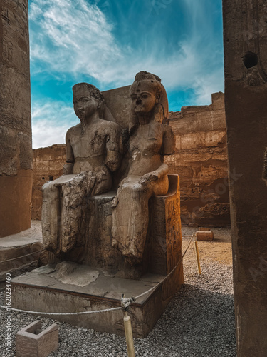 Seated statues of pharaohs at Luxor Temple, ancient Egypt