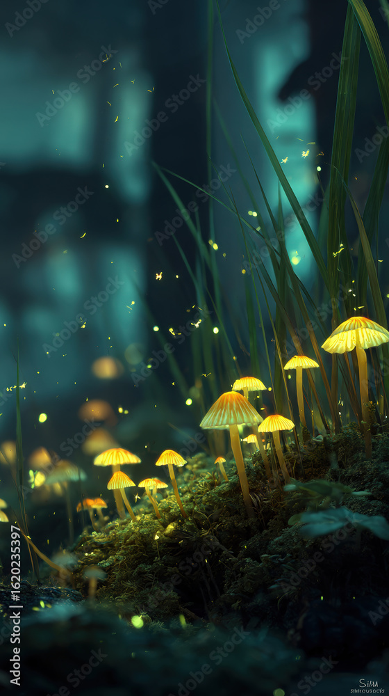 Fototapeta premium Glowing Mushrooms in a Forest Undergrowth with Fireflies and Soft Focus in a Dreamlike Ambiance
