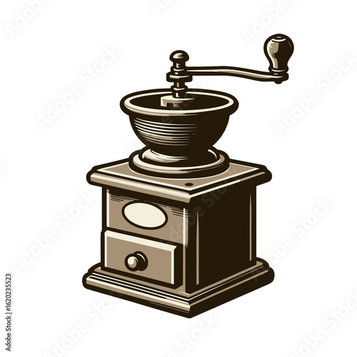 Vintage coffee grinder in traditional style on transparent background  