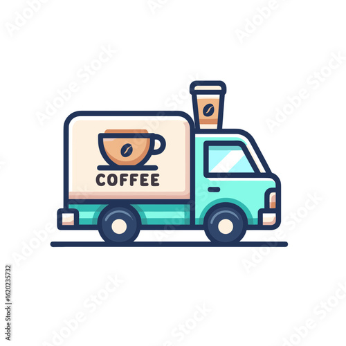 Coffee truck illustration with coffee cup design on transparent background  