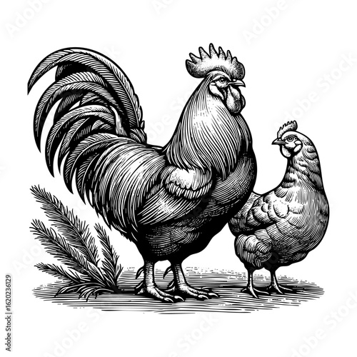 Rooster and hen sketch engraving black and white outline. Scratch board imitation.  illustrated in vintage line art style on a white background.