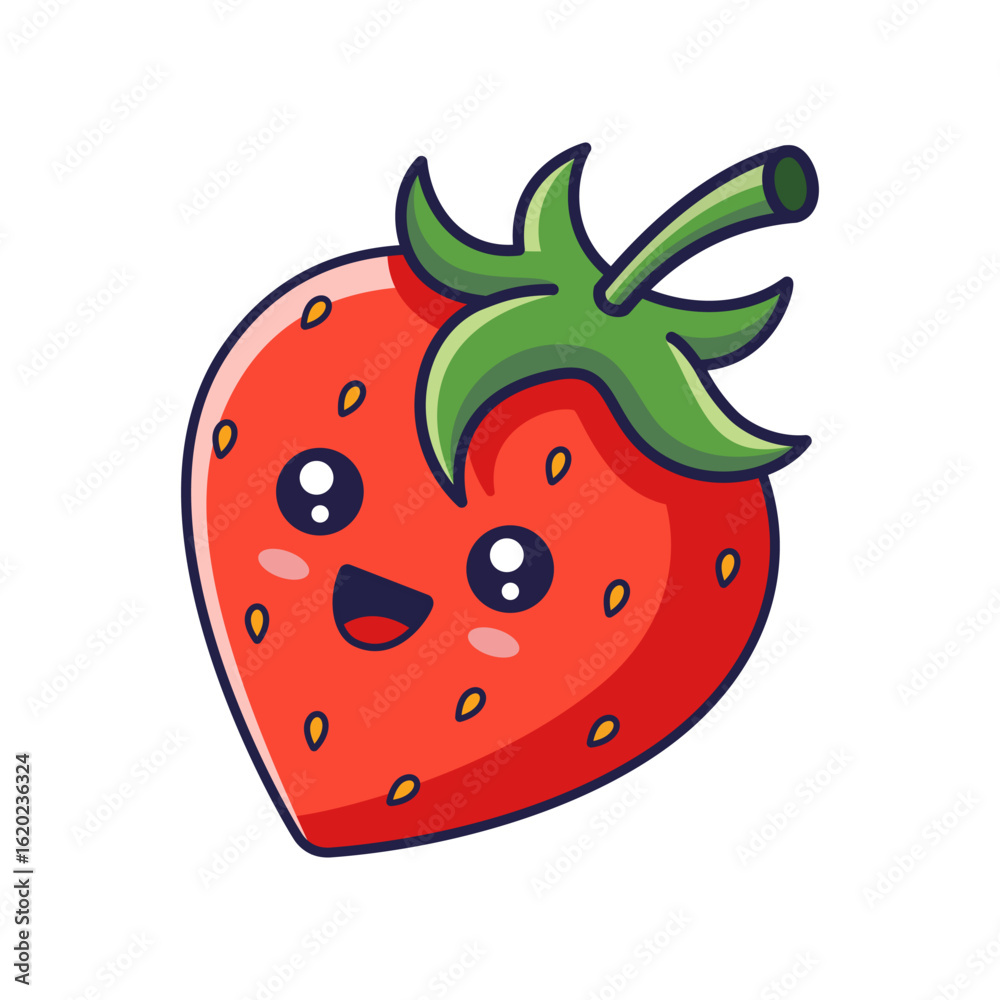 Obraz premium Cute Kawaii strawberry character. Vector hand drawn cartoon icon illustration. Strawberry character in doodle style. Isolated on white background.