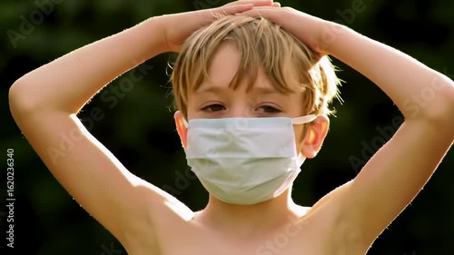 Young boy wearing a mask outdoors
