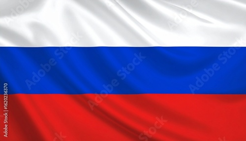 Russian flag with horizontal white, blue, and red stripes symbolizing nobility, honesty, and courage.
