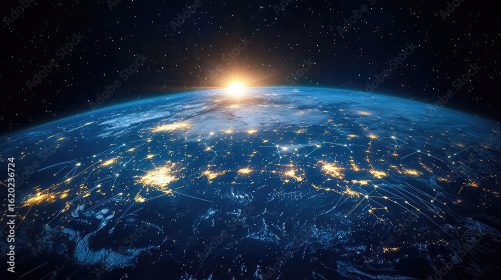 Fototapeta premium Orbit map of satellite internet constellation network surrounding Earth with glowing nodes, global coverage beams, and deep space background imagery