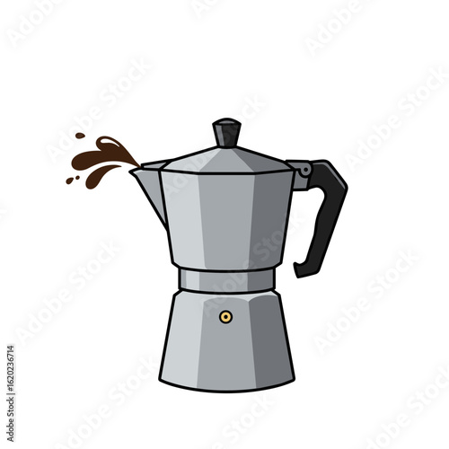 Coffee maker brewing with steam and coffee splash on transparent background  