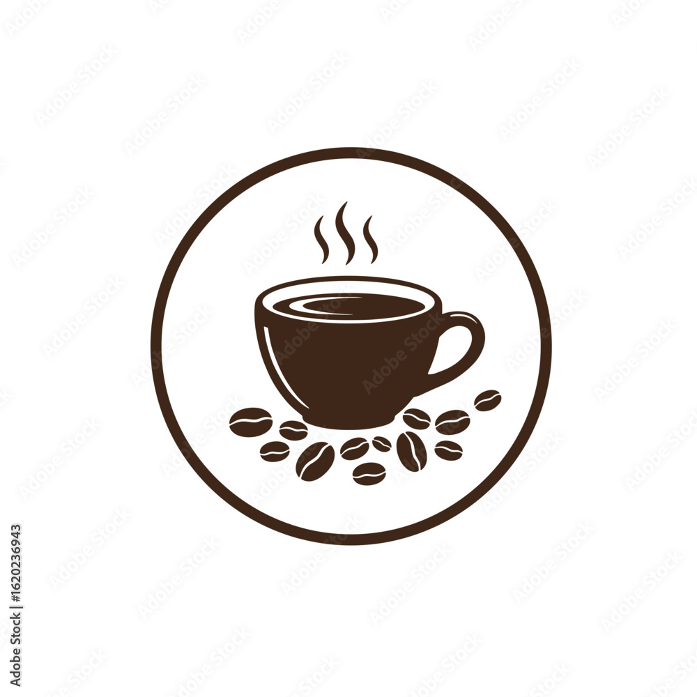 Obraz premium Coffee cup with steaming drink and coffee beans in a circular design 