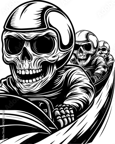 SVG of a skeleton with a sports theme in bold tattoo style. Skull Riders Racing on the Track - Vintage Style Illustration