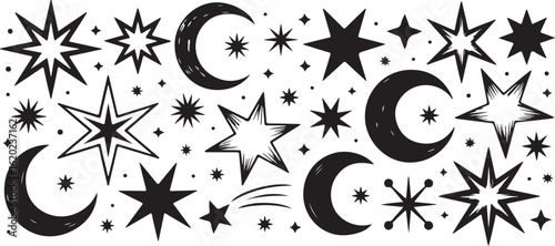 Moon, Star, and Celestial Grunge Elements – Textured Space Clipart Set.

