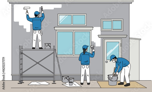 House Painting Workers on Exterior Wall Renovation Illustration
