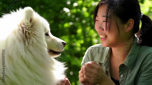 Young woman and a white dog in a park