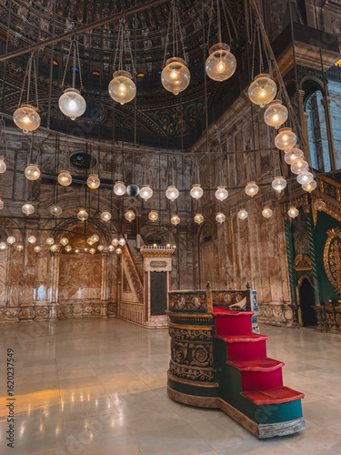 Ornate chandeliers and golden ceiling inside Mosque of Muhammad Ali