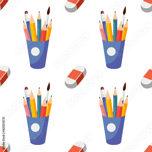 Plastic Glass with pencils, paintbrush, crayons textile design. Flat design, vector cartoon texture isolated on white background. Pencil holder, desk organizer seamless pattern