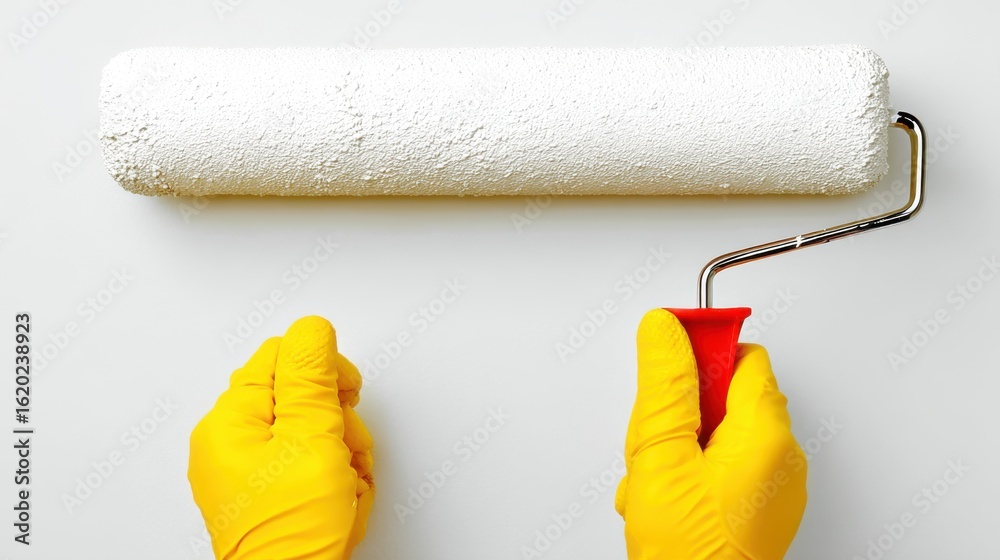 Obraz premium Painting preparation applying fresh coats of white paint home interior tutorial minimalist space overhead view diy project