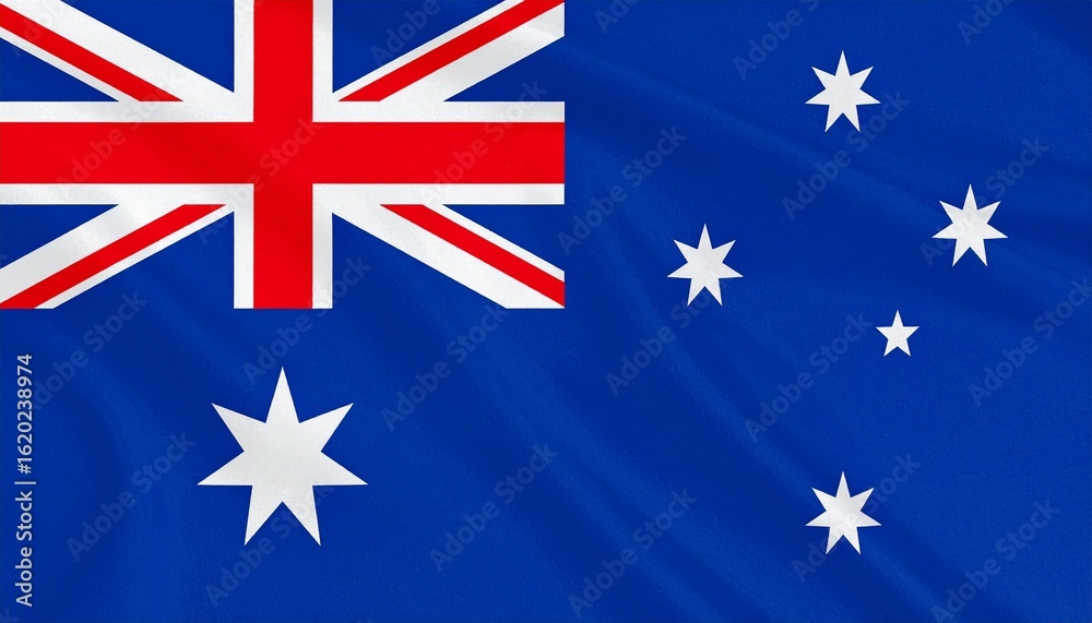 Fototapeta premium Australian flag on blue field featuring Union Jack, Commonwealth Star, and Southern Cross constellation.