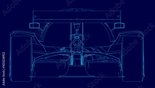 A sleek car blueprint features detailed contours and aerodynamic lines on a vibrant blue background. The technical drawing highlights the car's sporty design with precision.
