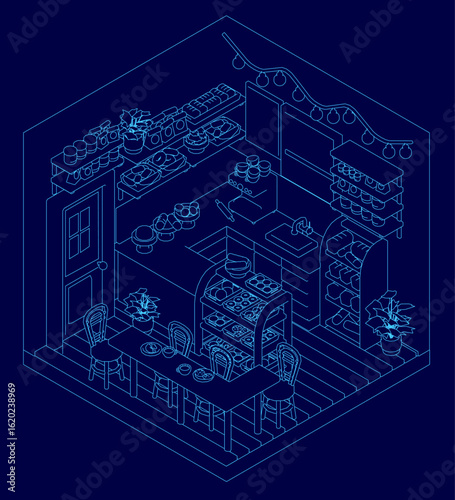 Isometric kitchen illustration features a table with chairs, houseplants, and a sink. A deep blue background complements the cafe-style contour design. Various objects are neatly arranged.