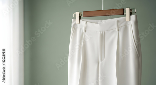Wallpaper Mural White office pants hanging on a wooden hanger in a modern minimalist style, representing simplicity and professionalism. Torontodigital.ca