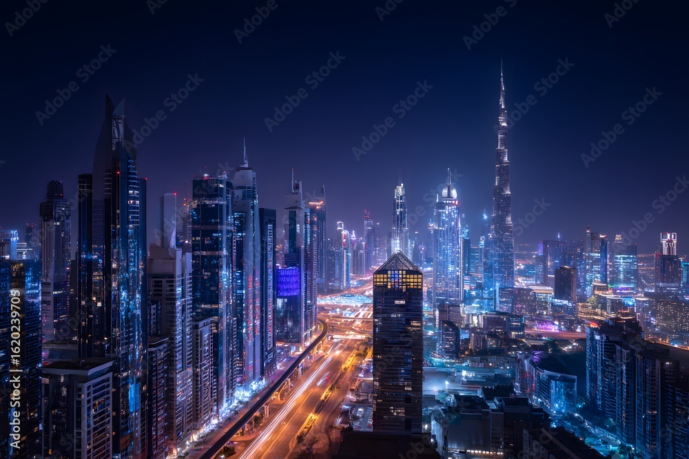 Fototapeta premium A panoramic view of the city skyline at night, illuminated by lights from skyscrapers and buildings, showcasing urban architecture against the dark blue sky. 