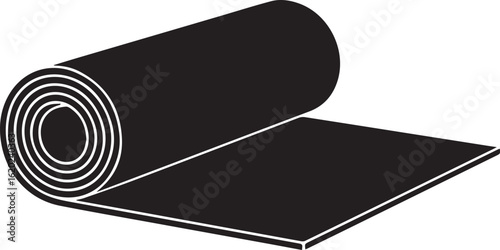 Black rolled mat icon with white outlines showing a spiral crosssection and unrolled surface