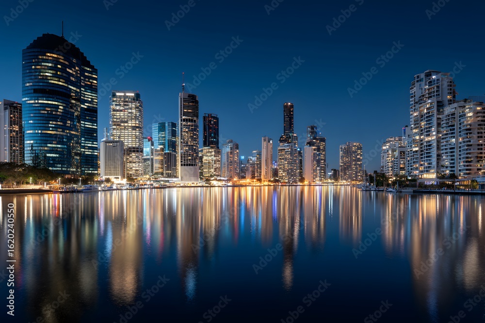 Fototapeta premium A panoramic view of the city skyline at night, illuminated by lights from skyscrapers and buildings, showcasing urban architecture against the dark blue sky. 