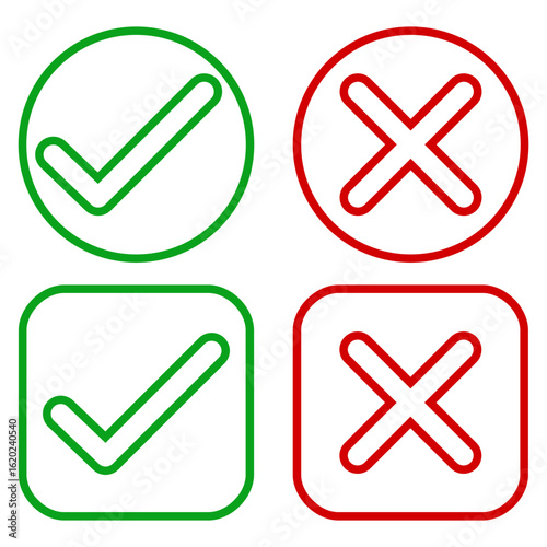 Colored rounded check and cross icon set in outline style