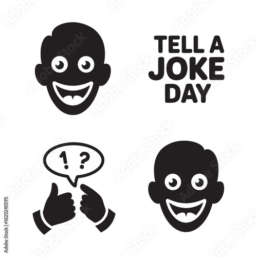 Tell a Joke Day Icons with Laughing Faces Thumbs Up and Speech Bubble humor comedy