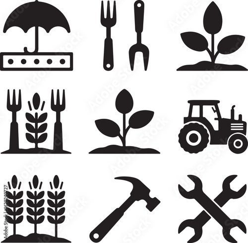 A collection of nine minimalist black silhouette icons representing agriculture food industry and tools