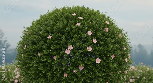 Ornamental spherical shrub with pink flowers